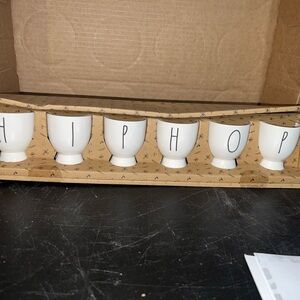 Rae Dunn White Egg Cups with Black Lettering